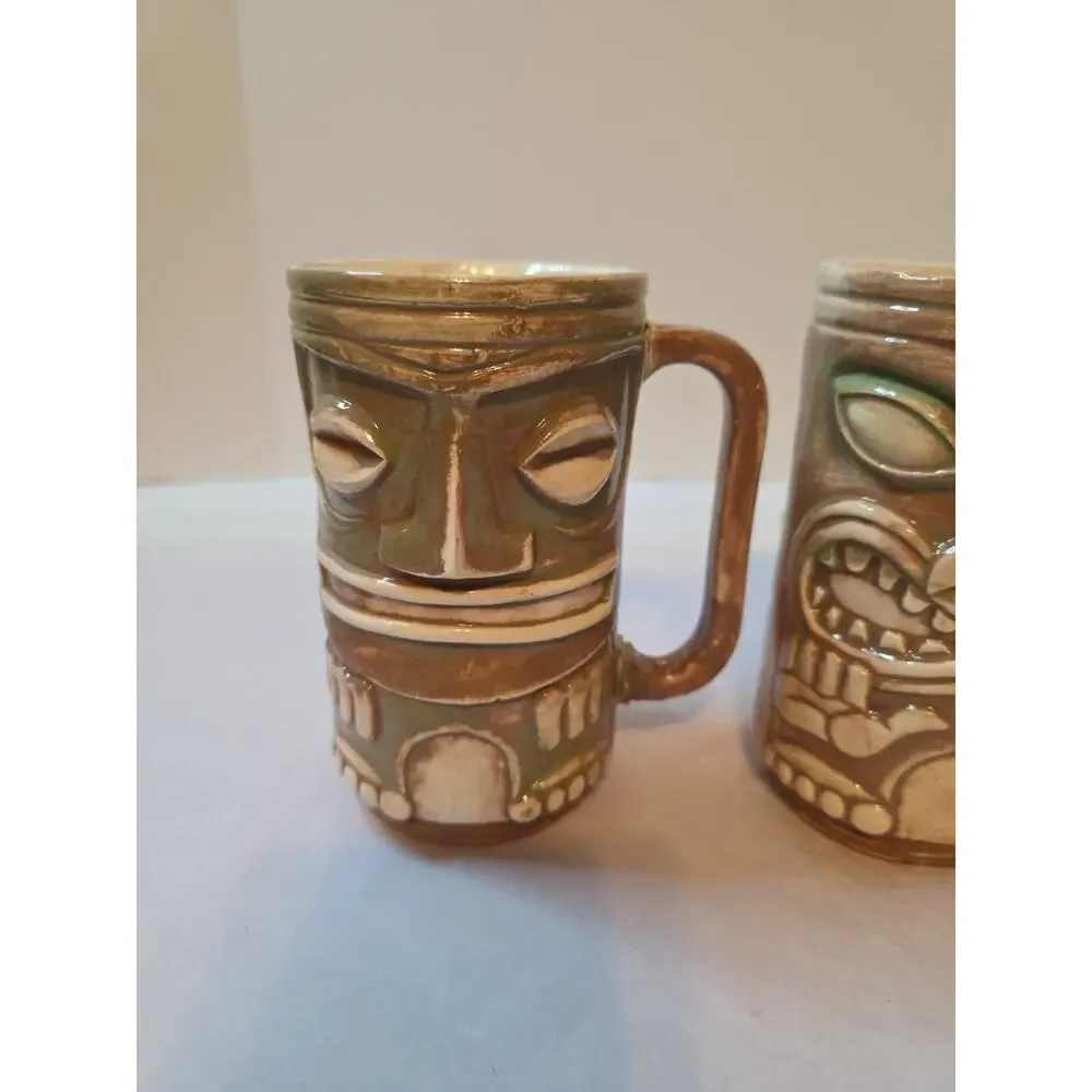 2 Vintage Ceramic Tiki Mugs with Handles 5.5